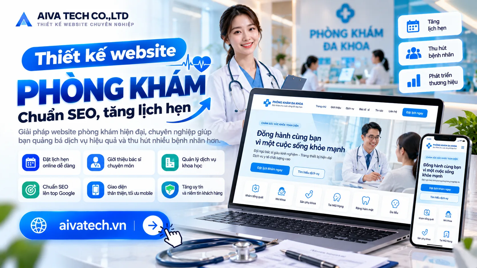 Thiết kế website phòng khám chuẩn SEO, tăng lịch hẹn